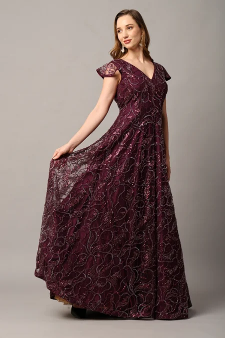 Designer Wine Party Wear Gown for Women with Intricate Katdana Embellishments - Image 4