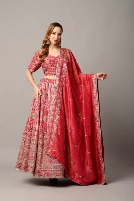 Designer Red Tissue Lehenga for Women with Intricate Thread and Zari Work