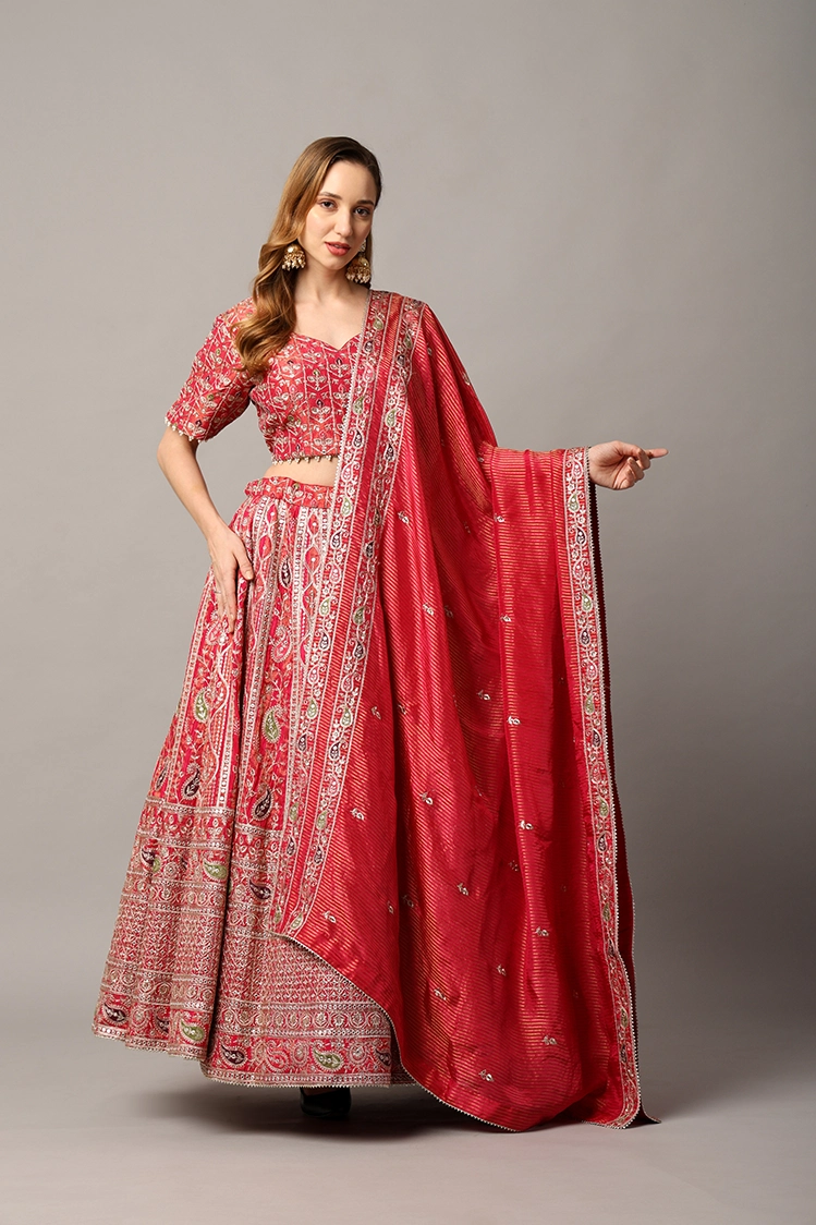 Designer Red Tissue Lehenga for Women with Intricate Thread and Zari Work