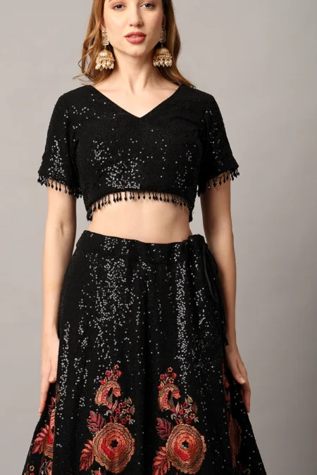 Designer Black Lehenga for Women in Georgette with Floral Motifs & Sequin Work - Image 3