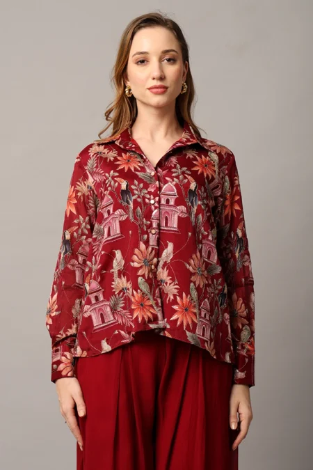 Elegant Maroon Cord Set for Women in Chinon and Georgette with Floral Zari Detailing - Image 2