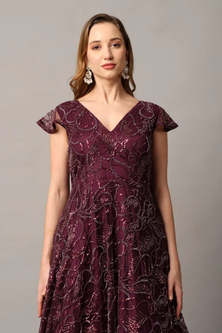 Designer Wine Party Wear Gown for Women with Intricate Katdana Embellishments - Image 2