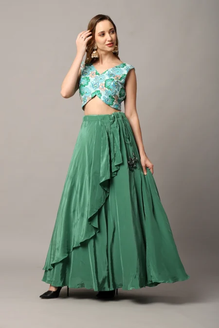 Designer Green Skirt and Top Set with Katdana Embellished Blouse - Image 6