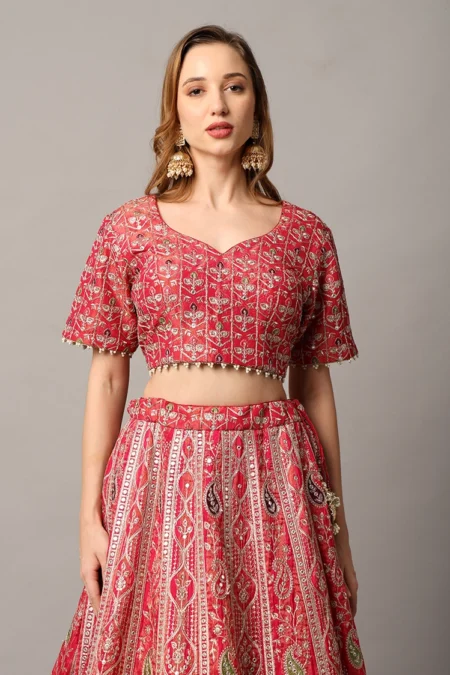 Designer Red Tissue Lehenga for Women with Intricate Thread and Zari Work - Image 3