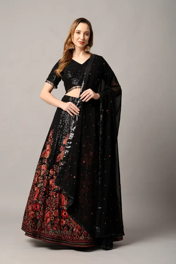 Designer Black Lehenga for Women in Georgette with Floral Motifs & Sequin Work