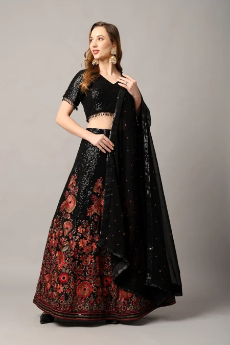 Designer Black Lehenga for Women in Georgette with Floral Motifs & Sequin Work - Image 5