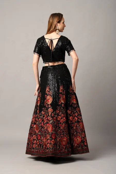 Designer Black Lehenga for Women in Georgette with Floral Motifs & Sequin Work - Image 4