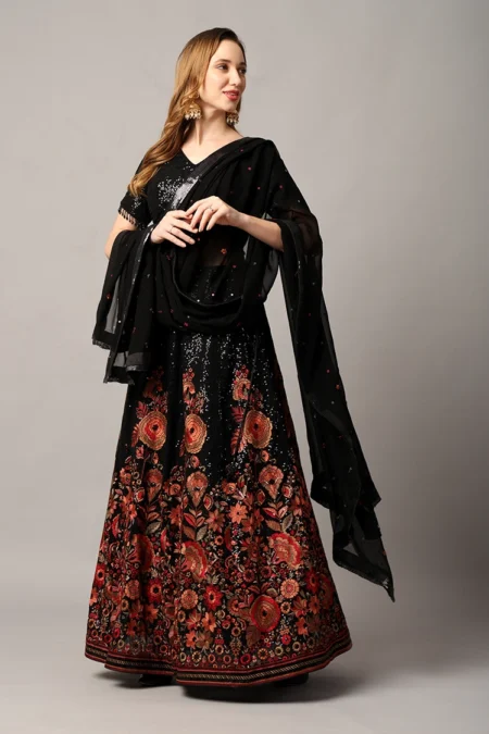 Designer Black Lehenga for Women in Georgette with Floral Motifs & Sequin Work - Image 6