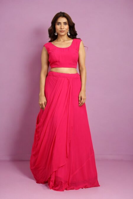 Hot Pink Draped Skirt with Blouse and Organza Jacket - Image 2