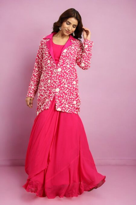 Hot Pink Draped Skirt with Blouse and Organza Jacket - Image 5