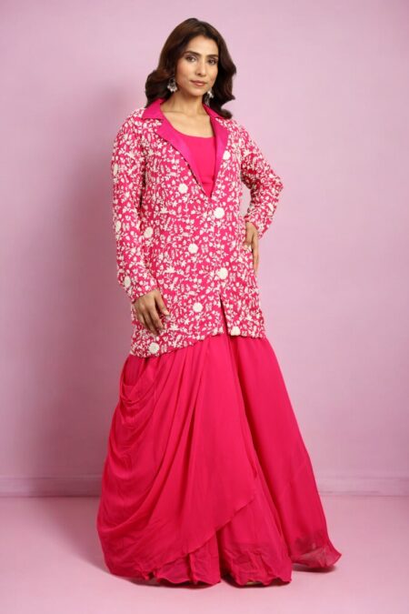 Hot Pink Draped Skirt with Blouse and Organza Jacket - Image 6