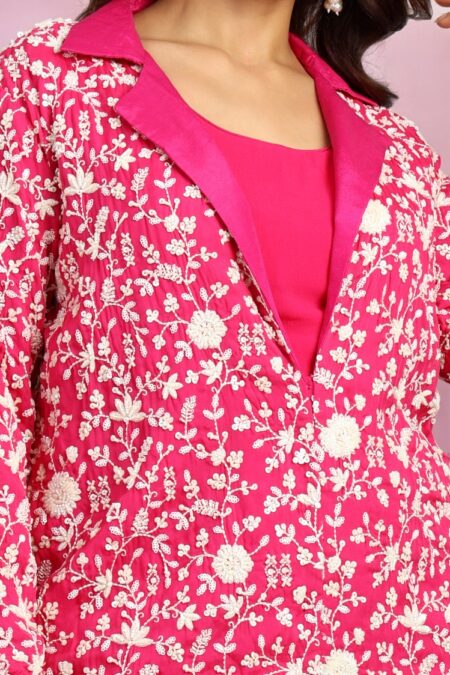 Hot Pink Draped Skirt with Blouse and Organza Jacket - Image 3