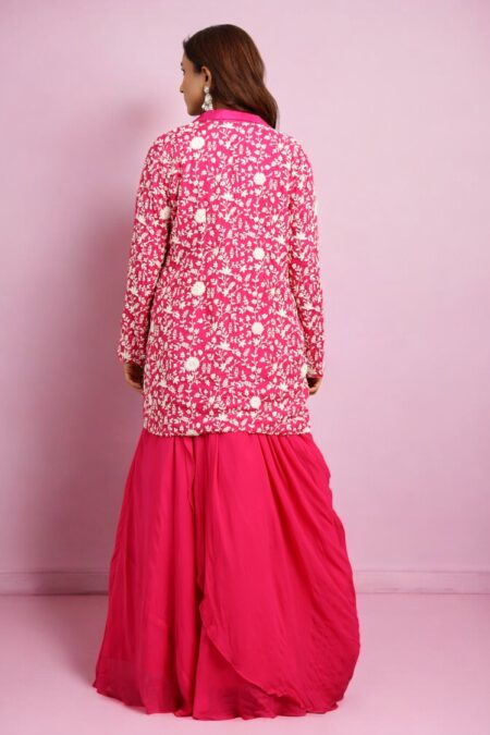 Hot Pink Draped Skirt with Blouse and Organza Jacket - Image 4