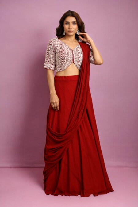 Maroon Draped Skirt with Blouse - Image 4