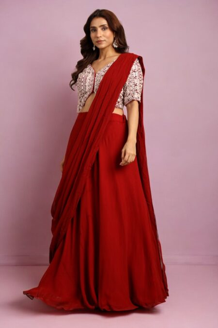 Maroon Draped Skirt with Blouse - Image 6