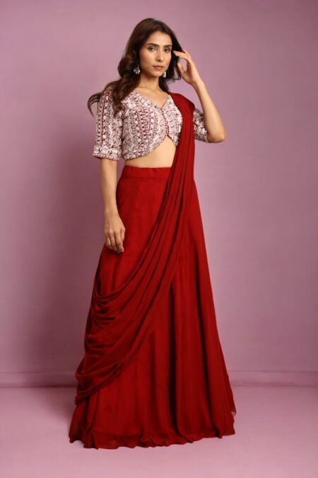 Maroon Draped Skirt with Blouse - Image 2
