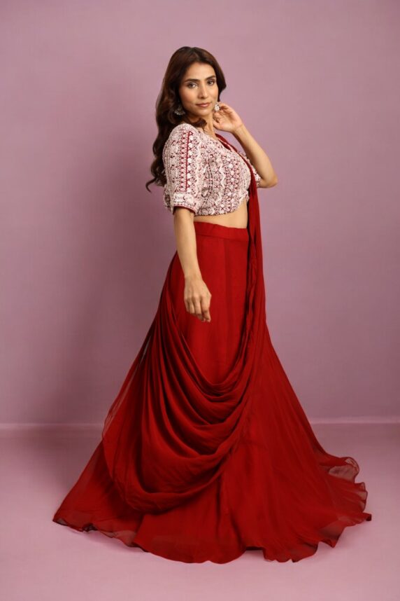 Maroon Draped Skirt with Blouse
