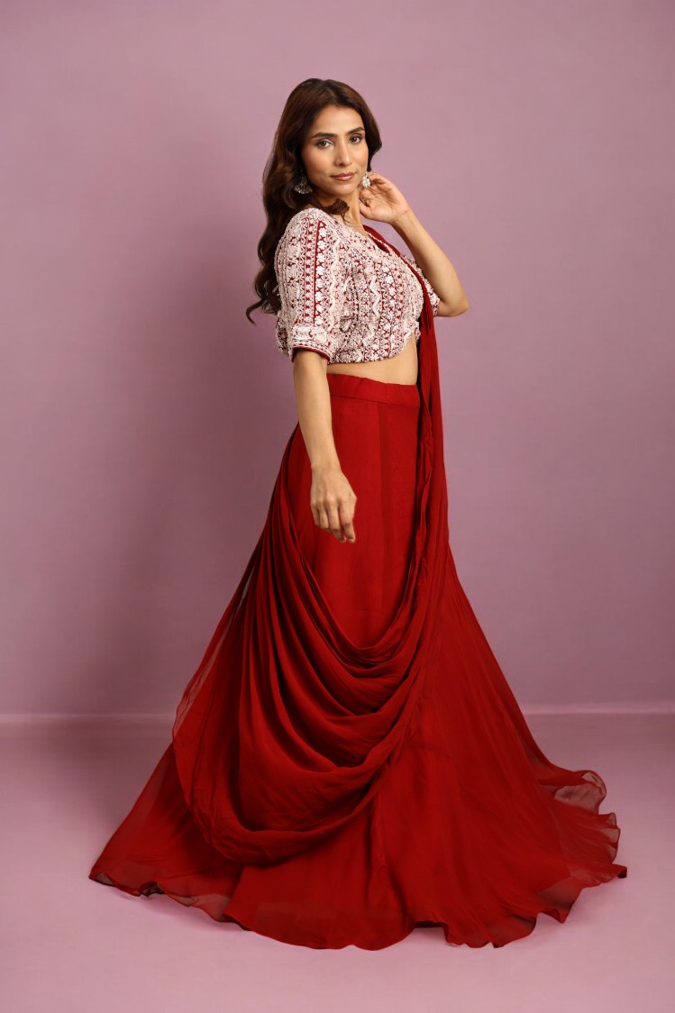 Maroon Draped Skirt with Blouse