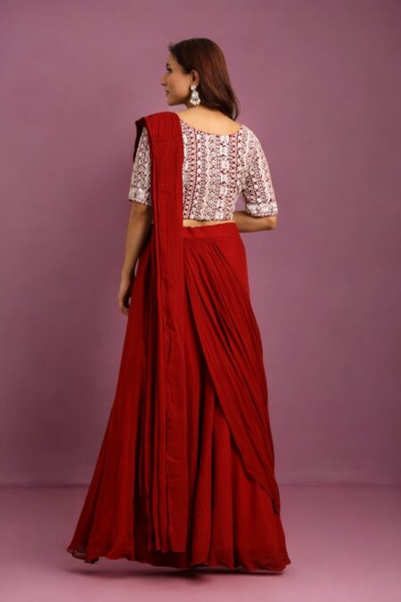 Maroon Draped Skirt with Blouse - Image 5